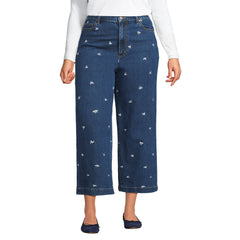 Women's Plus Size Soft Denim High Rise Embroidered Wide Leg Crop Jeans