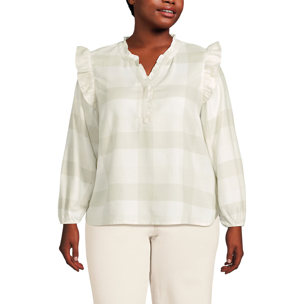 Women's Plus Size Ruffle Front Flannel Popover Blouse