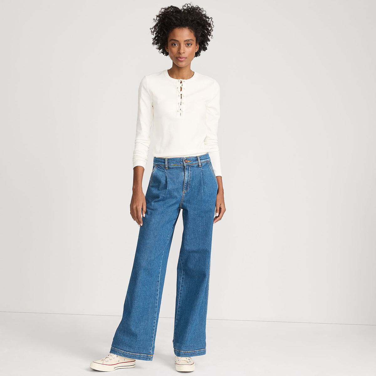 Women's High Rise Soft Denim Pleated Wide Leg Trousers