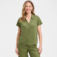 Women's Linen Blend Short Sleeve Button Front Polo Top