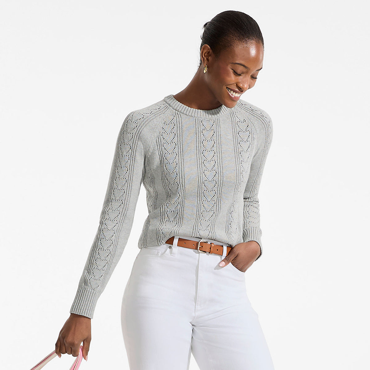 Women's Petite Drifter Raglan Pointelle Crew Neck Sweater