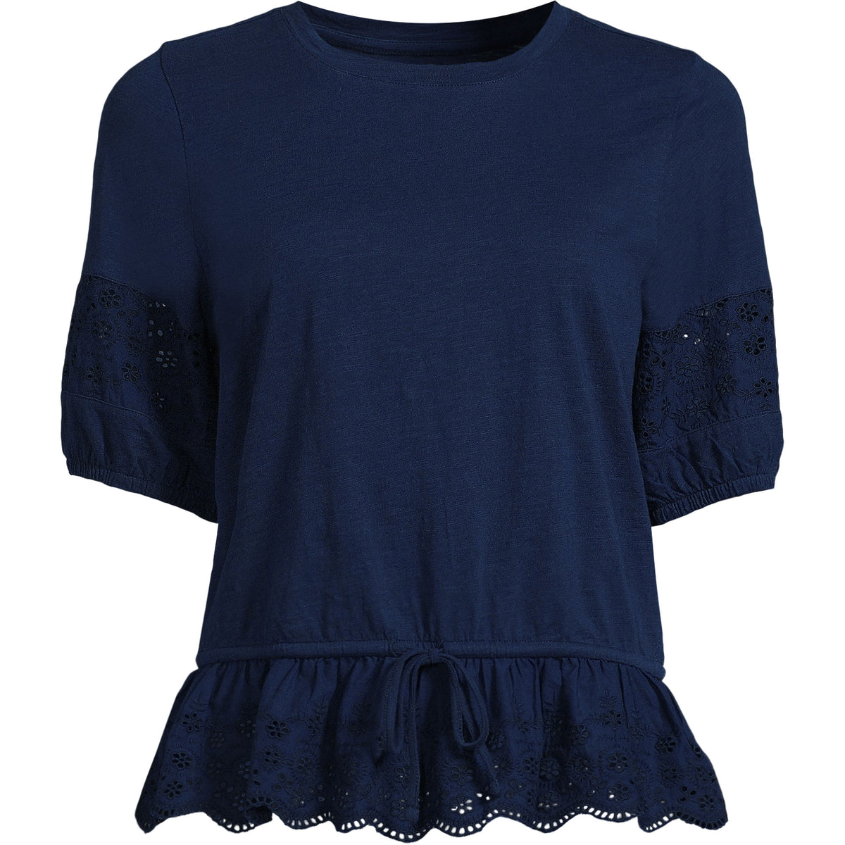 Women's Elbow Sleeve Slub Lace Trim Adjustable Hem Top
