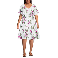 Women's Plus Size Puff Sleeve Pleated Linen Knee Length Dress