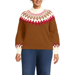 Women's Plus Size Fuzzy Turtleneck Lantern Sleeve Jacquard Sweater