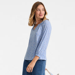Women's Petite Lightweight Jersey 3/4 Sleeve Notch Neck Gather Blouse