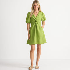 Women's Petite Linen Above the Knee Puff Sleeve Dress