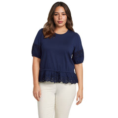 Women's Plus Size Elbow Sleeve Slub Lace Trim Adjustable Hem Top
