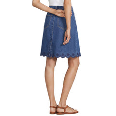 Women's Petite Soft Denim 5 Pocket Above the Knee Skirt with Embroidered Hem
