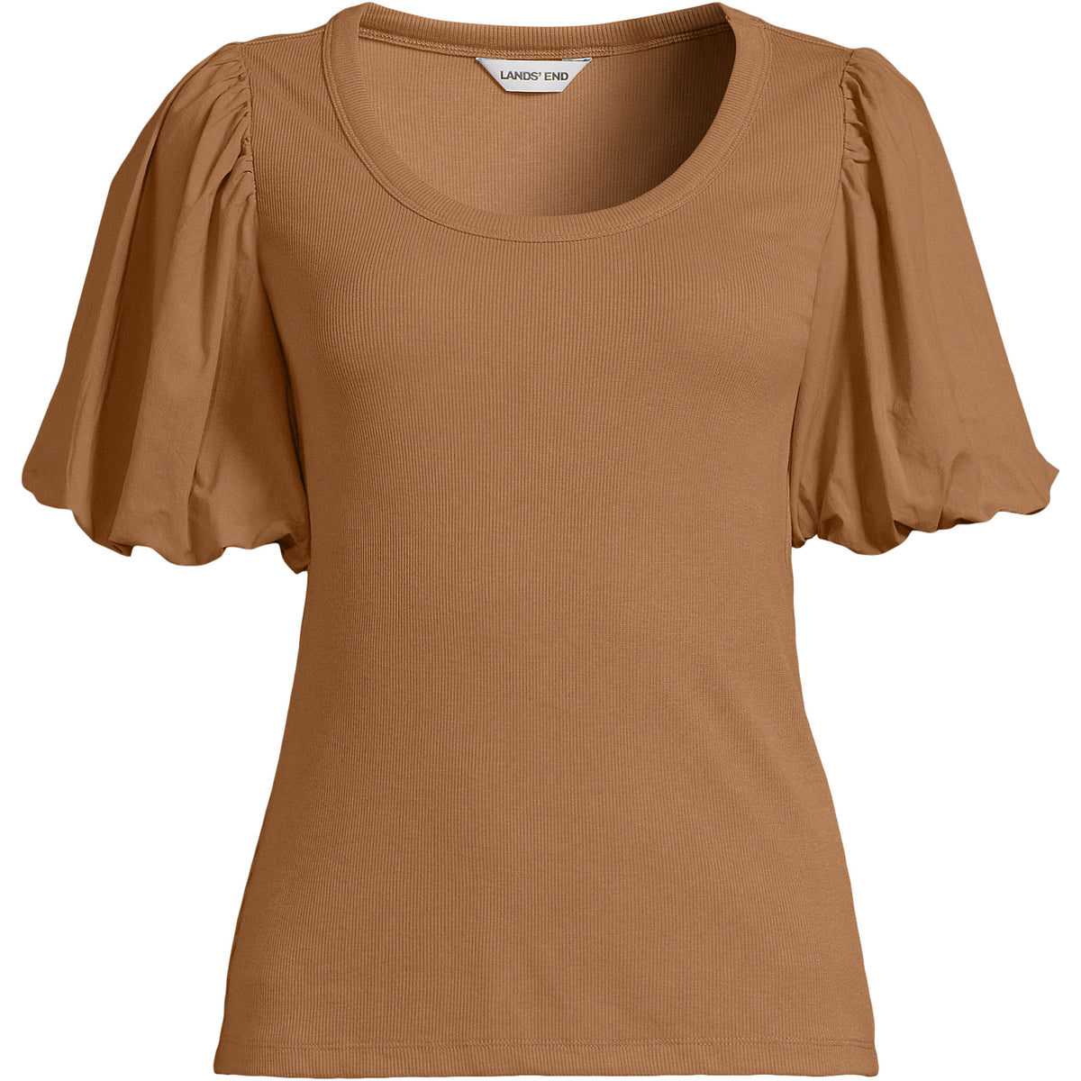 Women's Petite Drapey Rib Puff Sleeve Scoop Neck Top