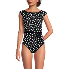 Women's High Neck Cap Sleeve Tie Belt One Piece Swimsuit