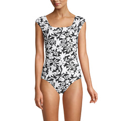 Women's Long Torso Smoothing Cap Sleeve X-Back One Piece Swimsuit