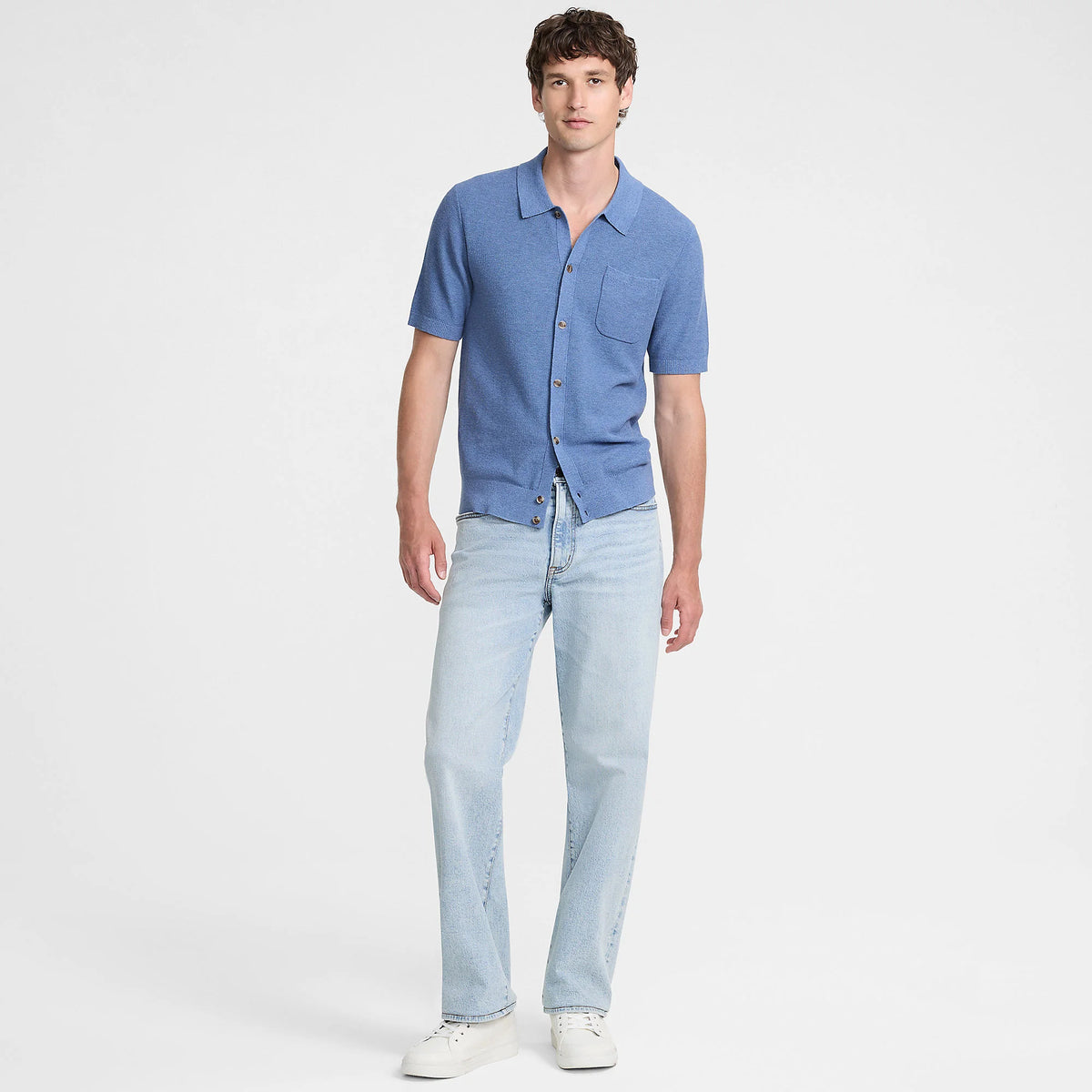 Men's Tall Short Sleeve Texture Stitch Button Through Sweater Polo