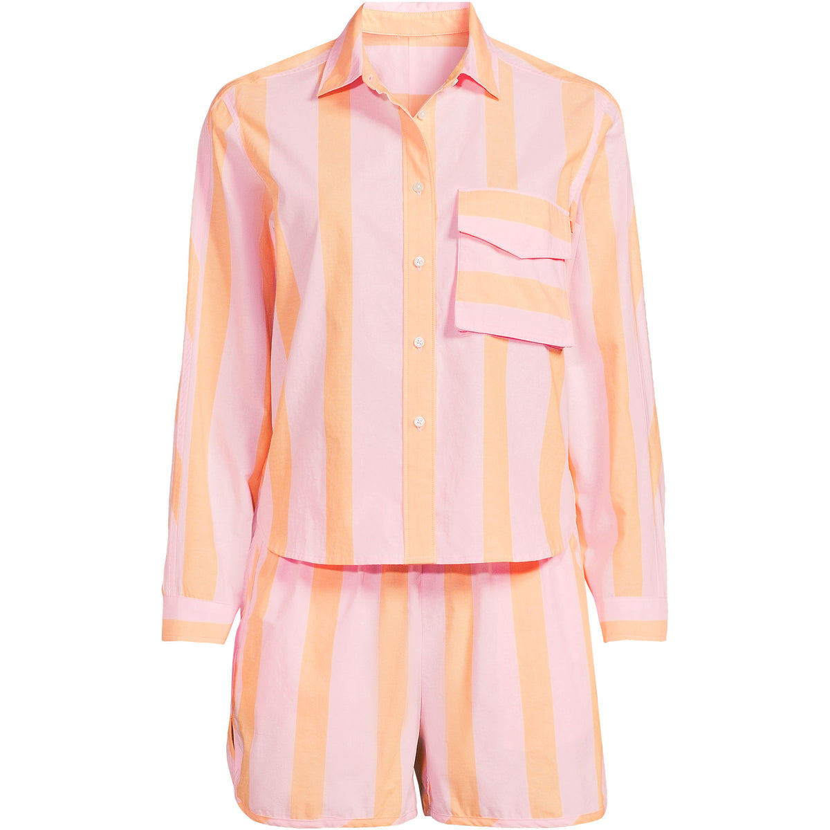 Women's Plus Size Cotton Poplin 2 Piece Pajama Set - Long Sleeve Top and Shorts with Piping