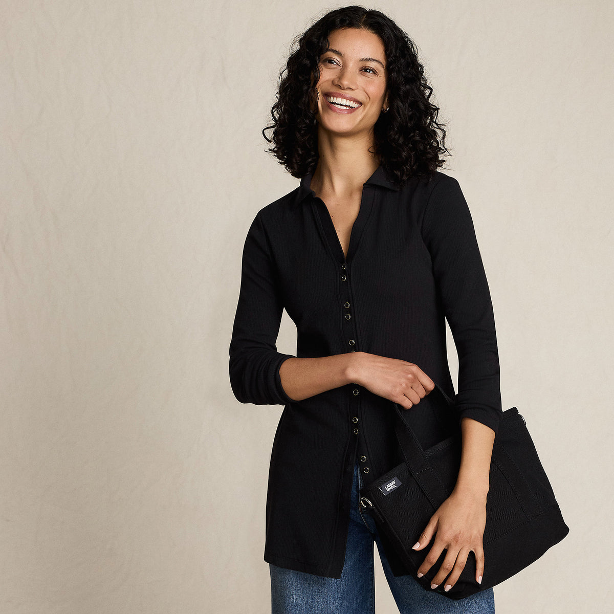 Women's Long Sleeve Polished Rib Button Through Tunic Shirt