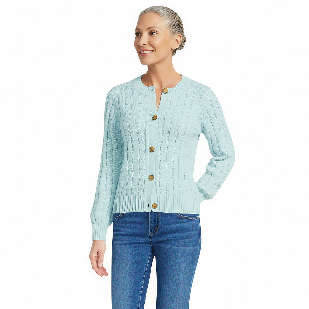 Women's Petite Drifter Classic Cable Crew Neck Cardigan Sweater