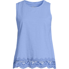 Women's Petite Sleeveless Slub Crew Neck Lace Trim Tank Top