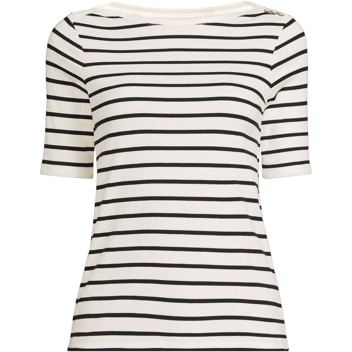 Women's Petite Supima Cotton Elbow Sleeve Boatneck Button Shoulder Tee