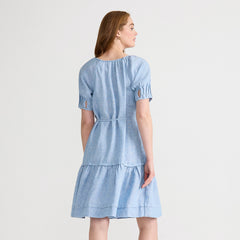 Women's Petite Puff Sleeve Pleated Linen Knee Length Dress