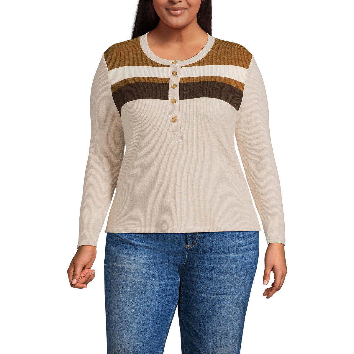 Women's Plus Size Long Sleeve Cozy Rib Henley Top