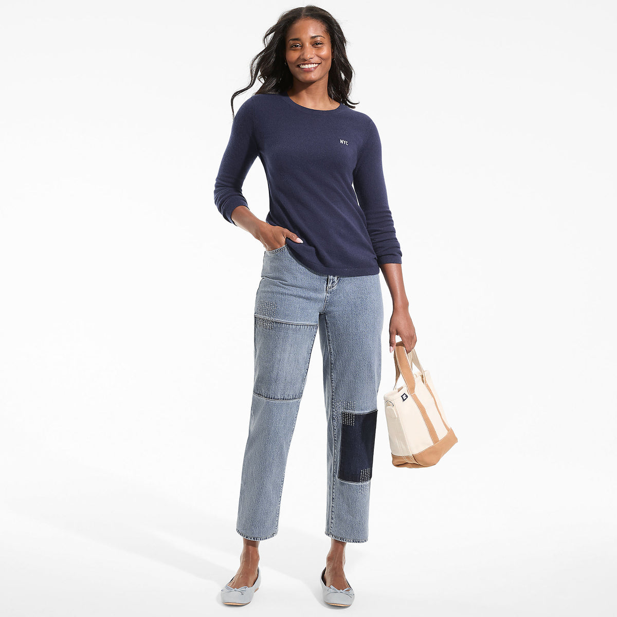 Women's Soft Denim Mid Rise Relaxed Straight Crop Patchwork Jeans