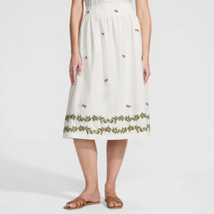 Women's Poplin Smocked Embroidered High Rise Midi Skirt