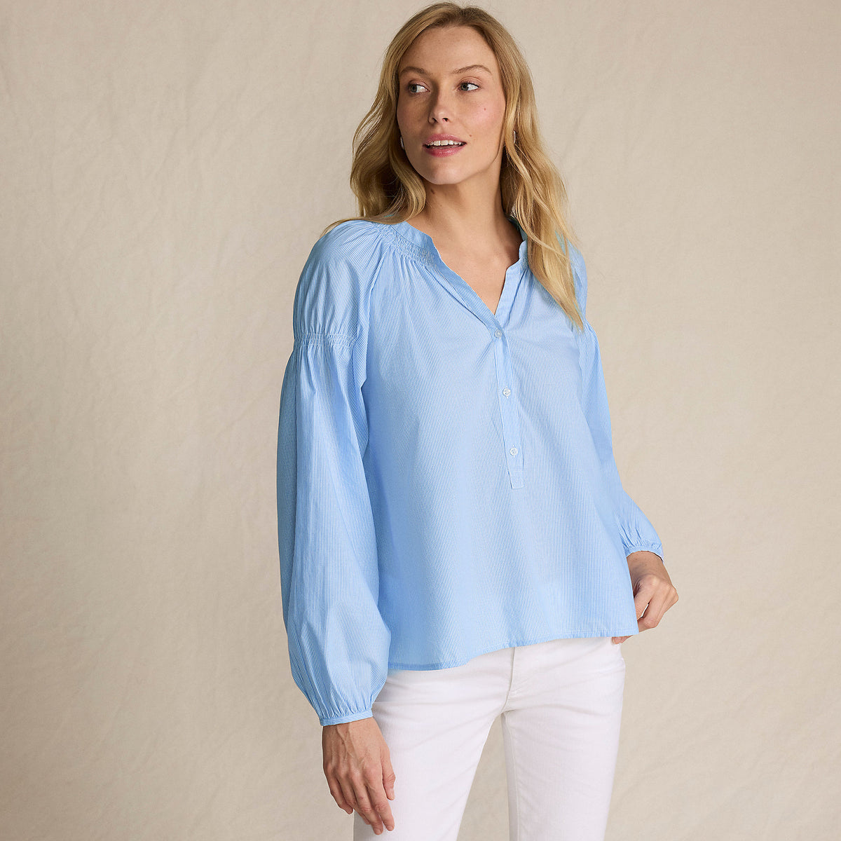 Women's Cotton Voile Long Sleeve Raglan Smocked Top