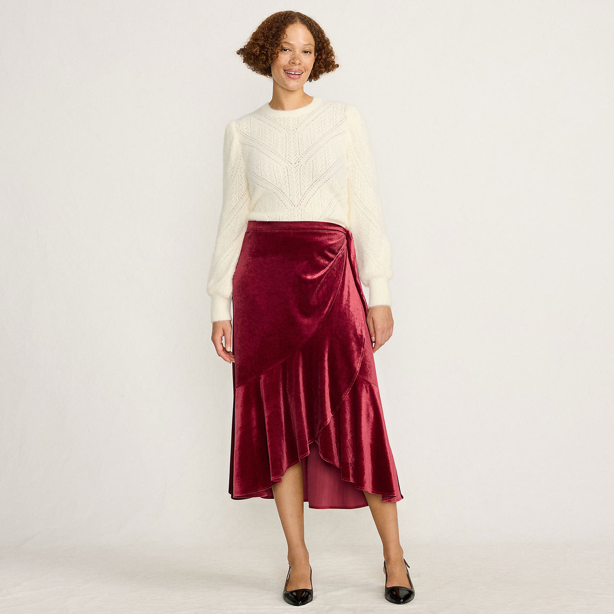 Women's Petite Velvet Wrap Midi Skirt
