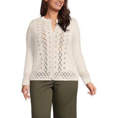 Women's Plus Size Pointelle Crew Neck Cardigan Sweater