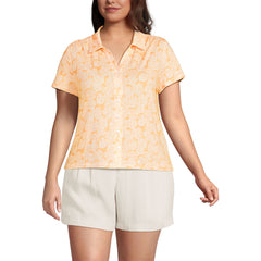Women's Plus Size Linen Blend Short Sleeve Button Front Polo Top