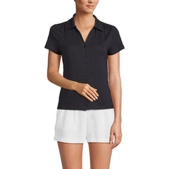 Women's Linen Blend Short Sleeve Button Front Polo Top