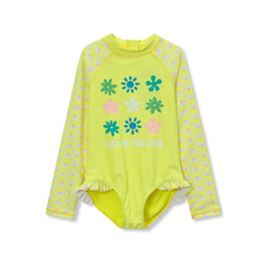 Girls Chlorine Resistant Long Sleeve Ruffle One Piece Swimsuit