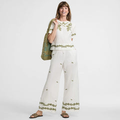 Women's Petite Poplin High Rise Extra Wide Leg Embroidered Pants