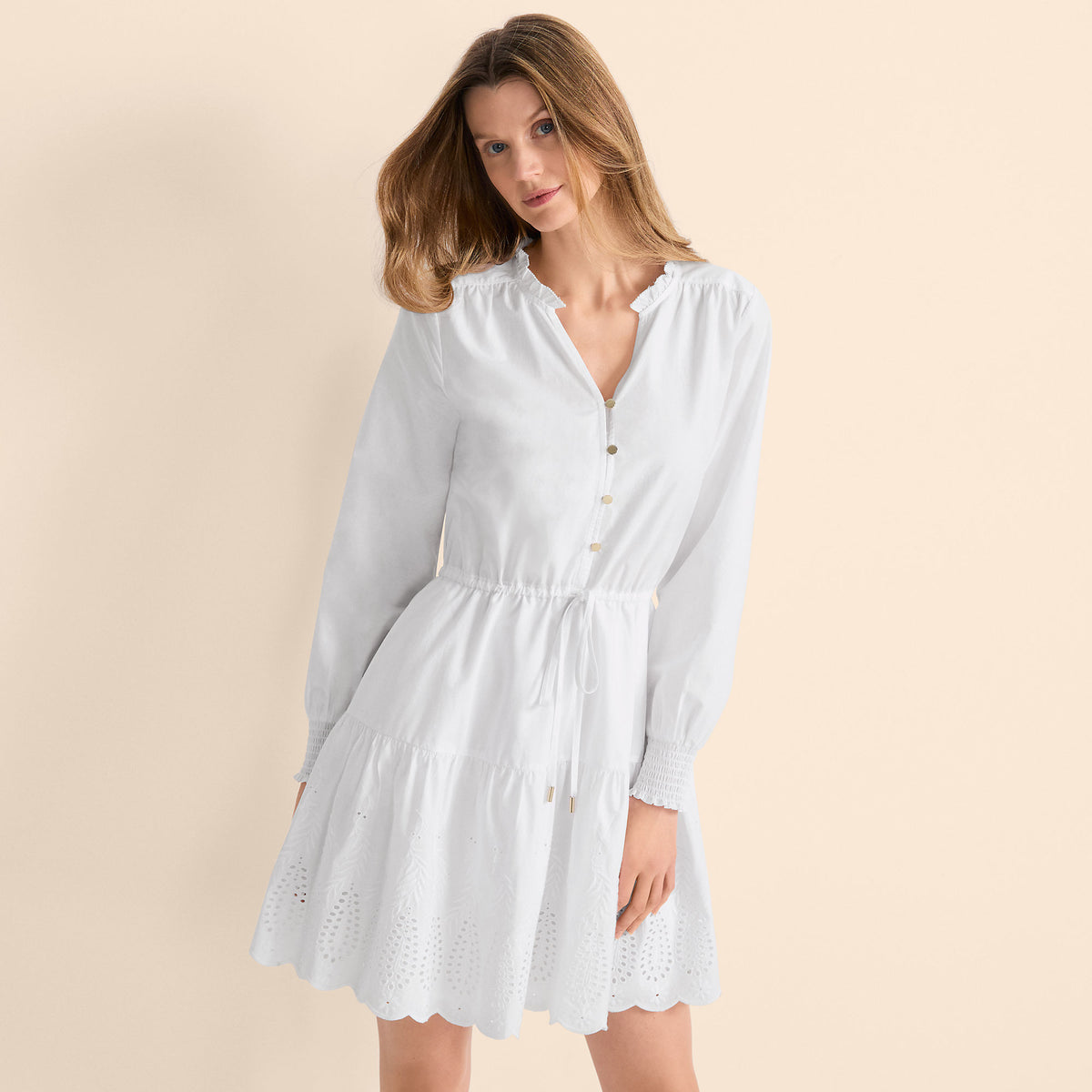 Women's Tall Long Sleeve Eyelet Mini Popover Dress