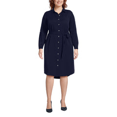 Women's Plus Size Long Sleeve Twill Below Knee Belted Shirt Dress