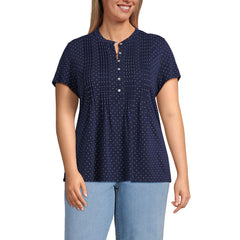 Women's Plus Size Lightweight Jersey Button Pintuck Top
