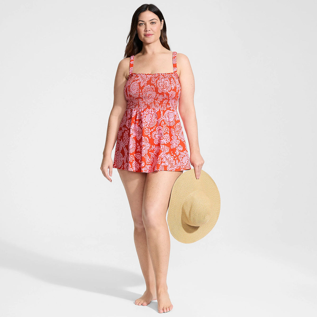 Womens Plus Size Square Neck Smocked Mini Swim Dress