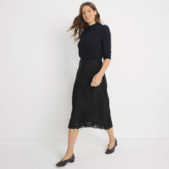 Women's Satin Lace Trim Midi Skirt