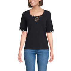 Women's Elbow Sleeve Slub Lace Trim T-Shirt