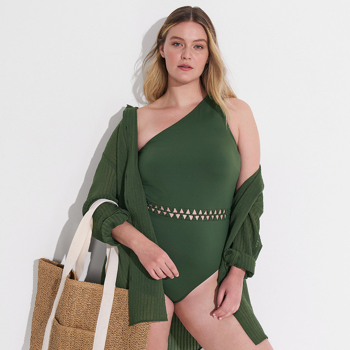 Women's Plus Size Macrame One Shoulder High Leg One Piece Swimsuit