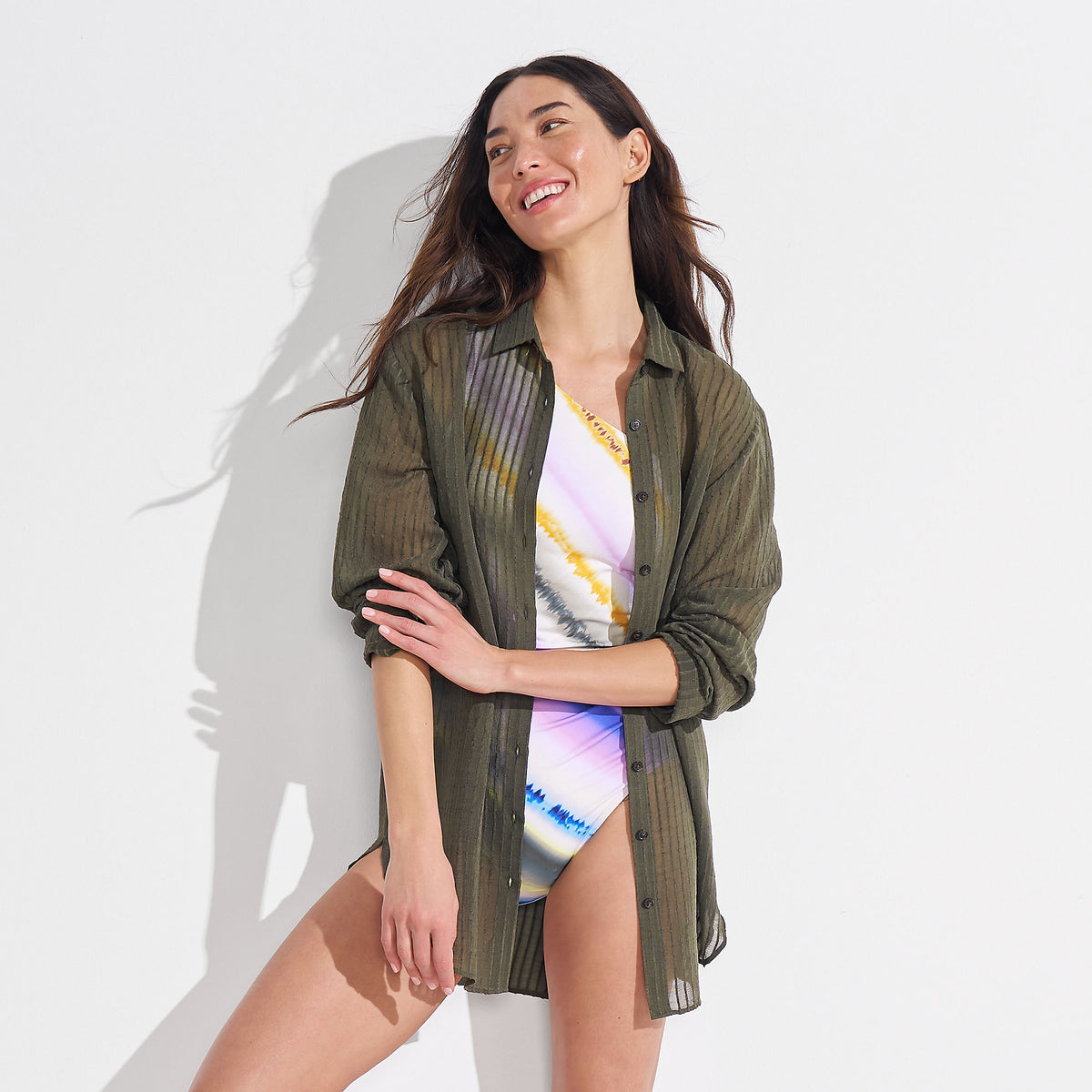Women's Long Torso Rayon Rib Button Down Cover-Up