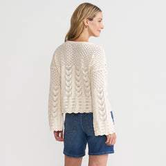 Women's Cotton Boucle Pointelle Notch Neck Sweater