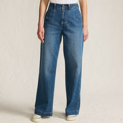 Women's Petite Soft Denim High Rise Wide Leg Top Stitch Trousers