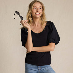 Women's Drapey Rib Puff Sleeve Scoop Neck Top