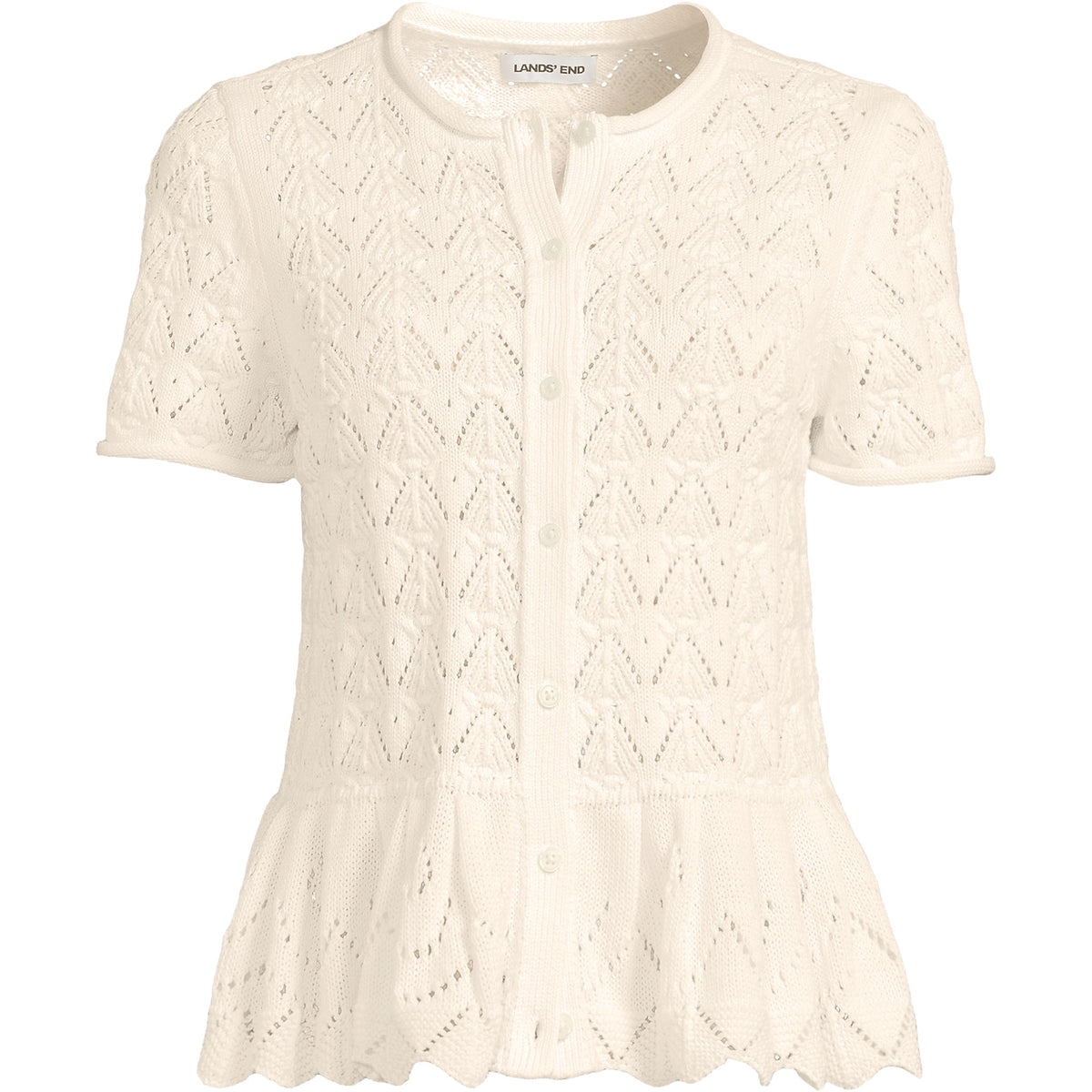 Women's Plus Size Drifter Pointelle Ruffle Hem Cardigan Sweater
