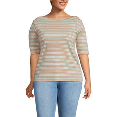 Women's Plus Size Supima Cotton Elbow Sleeve Boatneck Button Shoulder Tee