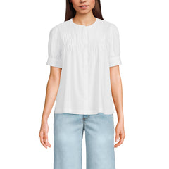 Women's Poplin Elbow Sleeve Pintuck Button Front Top