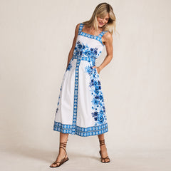 Women's Petite Poplin Border Print Midi Skirt - Set Bottom