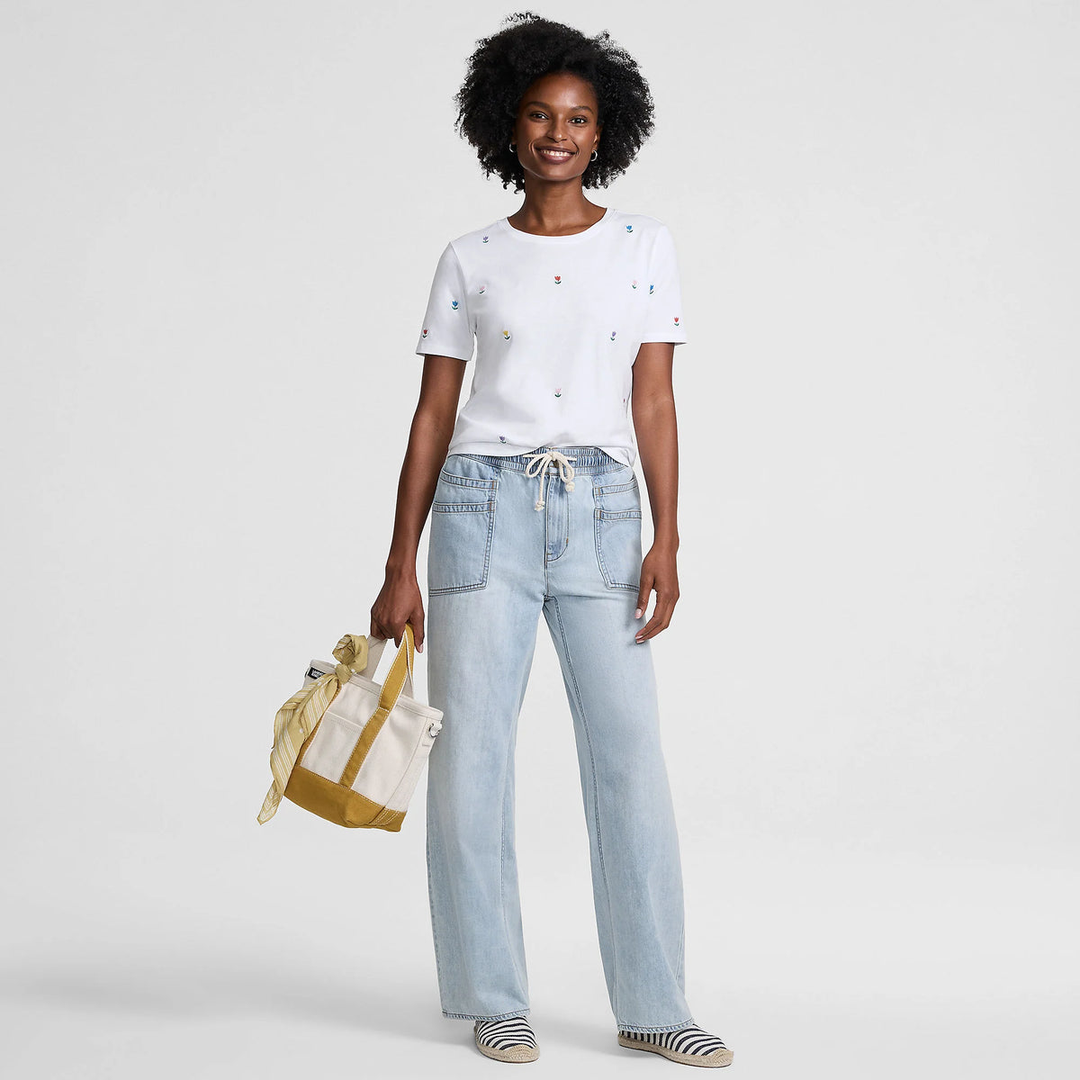 Women's Petite Relaxed Supima Cotton Embroidered Crew Neck T-Shirt