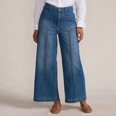 Women's Petite Recover Denim High Rise Patch Pocket Extra Wide Leg Crop Jeans