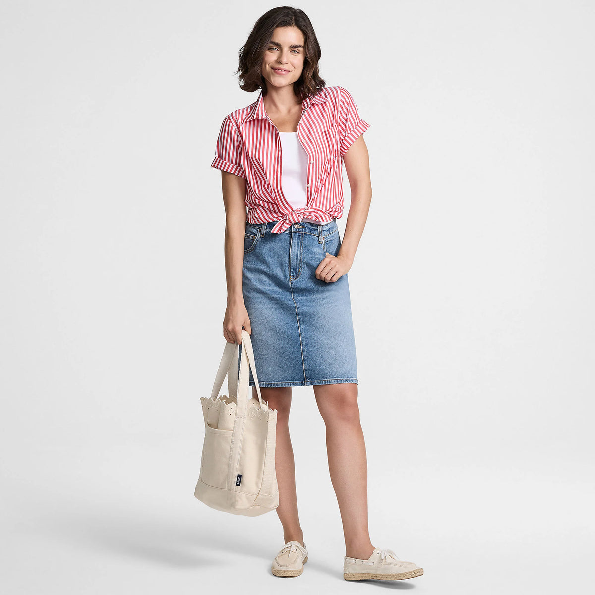 Women's Petite Soft Denim Classic 5 Pocket Above the Knee Skirt